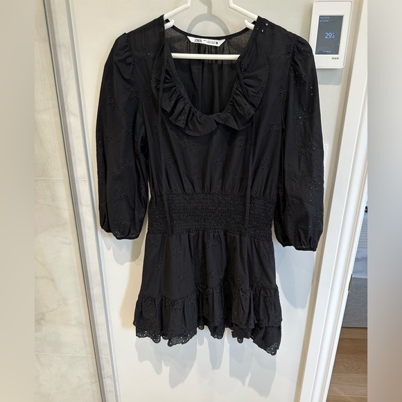 Zara Embroidered Eyelet Black Ruffle Mini dress - Picture 3 of 7
